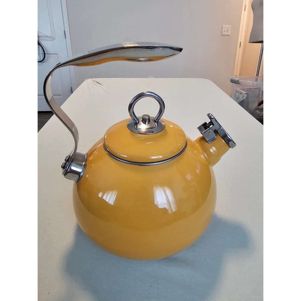 Tivoli Yellow Enamel Whistling Tea Kettle Stainless Steel Handle Stovetop Teapot